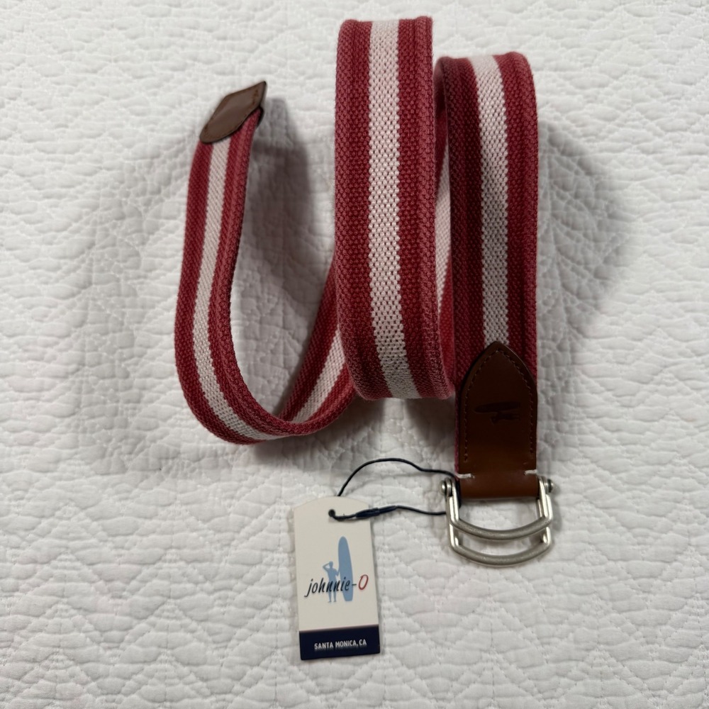 Johnnie-O Mens‎ Striped D-Ring Belt Malibu Red White Canvas Leather Size S NEW